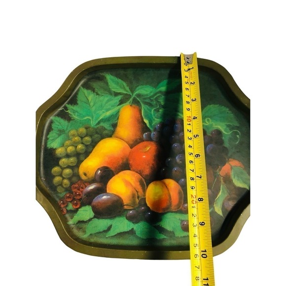 Vintage metal tray green with fruit picture - Picture 2 of 5